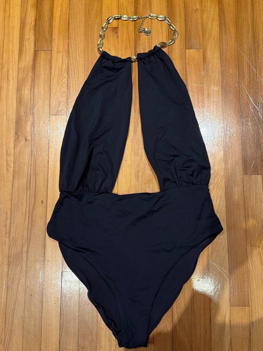 WeWoreWhat Black Halter One-Piece with Gold Chain Detail